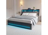 Letto Imbottito Matrimoniale 160X200 Cm Con Led E Usb, 4 Cassetti, Testata Con Vano Contenitore, Lino, Grigio, Design Moderno, Ideale Per Camere Da Letto, Funzionale E Confortevole