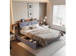 Letto Imbottito 160X200 Cm Con Porte Usb, Ripiani Aperti E Cassetti Nella Testata, Grigio