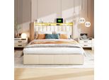 Letto 140 X 200 Cm Con Contenitore, Illuminazione Led, Connessione Usb, Testata Con Contenitore, Struttura Robusta, Beige