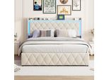 Letto Matrimoniale Imbottito 160 X 200 Cm Con Testata A Led E Funzione Di Ricarica, Contenitore, Velluto, Beige