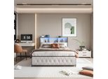Letto Imbottito 140 X 200 Cm Con Illuminazione A Led E Porta Di Ricarica Usb, Con 4 Cassetti, Beige