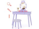 Costway Tavolo Da Trucco Per Bambini Con Illuminazione, Tavolo Da Toilette 2 In 1 Con Specchio E Cassetto, Tavolo Da Trucco In Legno, Tavolo Cosmetico Per Bambine Dai 3 Anni In Su, Viola