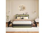 Letto Imbottito 160 X 200 Cm, Testata A Led, 4 Cassetti E Funzione Di Ricarica Usb, Lino, Beige