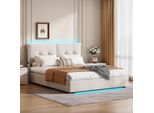 Letto Matrimoniale Imbottito 160 X 200 Cm Con Contenitore E Illuminazione A Led, Con Rete A Doghe, Beige