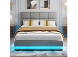 Letto Matrimoniale Imbottito 140 X 200 Cm, Letto Idraulico, Con Illuminazione Led, Con Contenitore, Grigio