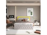 Letto Matrimoniale Imbottito 140 X 200 Cm Con Contenitore E Illuminazione A Led, Rete A Doghe, Velluto Beige