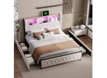 Letto (140 X 200 Cm) Con Illuminazione A Led, Connessione Usb, 4 Cassetti, Testata Con Contenitore, Rivestimento In Velluto, Beige
