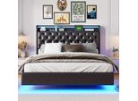 Letto 160X200 Cm Con Contenitore, Rete A Doghe, Illuminazione Led E Connessione Usb, Letto Matrimoniale, Finto Cuoio, Nero