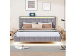 Letto Sospeso Imbottito 140 X 200 Cm, Letto Matrimoniale, Con Illuminazione Led E Testata, Lino, Grigio