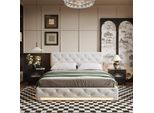 Letto 140 X 200 Cm Con Contenitore E Illuminazione A Led, Letto Matrimoniale Imbottito, Struttura In Lino Color Beige, Design Moderno