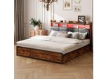 Letto Imbottito Matrimoniale 160X200 Cm, Marrone Vintage, Struttura In Metallo Con 4 Cassetti, Illuminazione A Led, Design Moderno, Ideale Per Camere Da Letto, Funzionale Ed Elegante