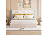 Letto Imbottito Matrimoniale 140X200 Cm Con Illuminazione A Led, Contenitore, Velluto, Beige, Design Moderno, Ideale Per Camere Da Letto, Funzionale Ed Elegante