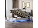 Letto Imbottito 140X200 Cm Con Led E Contenitore, Rete A Doghe, Letto Matrimoniale, Bianco, Design Moderno, Ideale Per Camere Da Letto, Funzionale E Confortevole