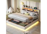 Letto Imbottito Merax 160X200 Con Led E Testata Girevole, Letto A Molle Idrauliche In Lino, Letto Contenitore Galleggiante Con Connessione Usb, Beige