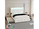 Letto Imbottito Merax 140 X 200 Cm, Con Letto Estraibile E 2 Cassetti, Luce Ambiente Led, Letto Per Ragazzi, Letto Matrimoniale, Letto Da Terra, Letto Per Bambini, Biancheria, Bianco