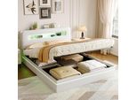 Unboxg Letto Imbottito 140X200Cm Beige Con Illuminazione A Led - Letto Contenitore Idraulico Con Mensola Sulla Testata, Letto Matrimoniale In Velluto Con Rete E Design Moderno