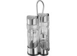 Saliera E Pepiera + Contenitore Per Olio E Aceto In Vetro. Con Supporto In Acciaio Inox