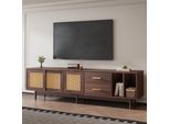 Mobile Tv Merax 190 Cm Per Tv Da 75 Pollici, Lavagna Bassa Con Ante In Rattan, 2 Cassetti, 6 Gambe, Ampio Spazio, Soggiorno, Marrone