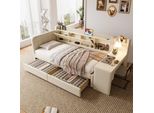Letto Imbottito Flieks 90X200Cm Con Scrivania, Divano Letto Day Bed Con Usb E Type-C, Letto Singolo Con Contenitore, Biancheria, Beige