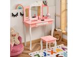 Costway Tavolino Da Toilette Per Bambini Con Sgabello, Tavolino Da Toilette Per Principesse Con Cassetto E Specchio Pieghevole A 3 Ante, Tavolino Da Toilette Rosa Bianco, Tavolino Da Trucco Per Ragazze