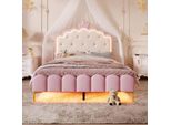 Letto Imbottito, 140 X 200 Cm, Con Rete A Doghe (Senza Materasso), Luce Ambiente Con Telecomando, Rosa