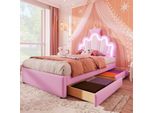 Letto Imbottito, 90 X 200 Cm, Luce D'ambiente, Letto Con 2 Cassetti, Letto Da Principessa A Forma Di Corona, Testata Regolabile, Pu, Rosa