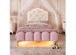 Letto Imbottito, 90 X 200 Cm, Con Rete A Doghe (Senza Materasso), Luce Ambiente Con Telecomando, Forma A Corona Di Principessa, Materiale Pu, Rosa