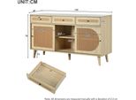 Credenza In Legno Sweiko, Lunghezza 140 Cm, Con Anta In Rattan Pe Plastic E Ripiani Regolabili, 3 Cassetti, Credenza Con 3 Ante Scorrevoli