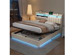 Unboxg Letto Imbottito 160X200Cm Con Usb, Letto Giovanile Matrimoniale Con Rete A Doghe E Contenitore, Letto Contenitore Con Led, Letto Funzionale Letto Giovanile, Letto A Molle, Velluto, Beige