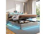 Unboxg Unboxg Letto Imbottito 140X190Cm Con Usb, Letto Giovanile Matrimoniale Con Rete A Doghe E Contenitore, Letto Contenitore Con Led, Letto Funzionale Letto Giovanile, Letto A Molle, Velluto, Grigio