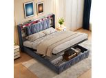 Unboxg Letto Imbottito 140×200 Con Usb/Type-C E Illuminazione A Led, Letto Matrimoniale 140X200 Con Testata E Contenitore Idraulico, Struttura Letto Con Rete A Doghe, Letto Funzionale Letto In Legno Massiccio, Velluto, Grigio