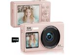 Zelurxx Fotocamera Digitale 5K, 80MP, Zoom 18X, Doppio Display, Wlan, Fotocamera Ultra Hd, Perfetta Per Selfie, Vlogging E Fotografia Quotidiana, 64GB, Rosa