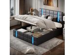 Unboxg Letto Imbottito Matrimoniale 140X200 Cm Con Led, Usb C, Letto Idraulico Con Contenitore E Testata, Letto Contenitore Struttura Letto Con Rete In Metallo E Rete A Doghe, Pu, Nero
