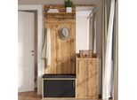 Armadio Compatto Aiorber Con Specchio, Panca E Scarpiera, Armadio Da Corridoio Con Ganci E Spazio Di Archiviazione, Rovere Effetto Legno - Naturale/Nero
