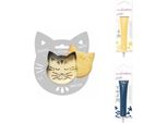Confezione Di Biscotti Con Gatto In Rilievo + 2 Bastoncini Di Cioccolato Giallo Pastello E Blu Notte