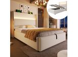 Letto Imbottito Idraulico Flieks 90X200Cm Con Connessioni Usb/Type-C, Letto Contenitore Letto Singolo Letto Per Ragazzi Con Led, Lino, Beige