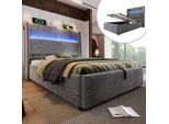 Letto Imbottito Idraulico Flieks 90X200Cm Con Connessioni Usb/Type-C, Letto Contenitore Letto Singolo Letto Giovanile Con Led, Lino, Grigio