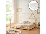 Letto Per Bambini 'Sisimiut' In Look Casa Con Materasso E Protezione Anticaduta In Legno Di Pino 120 X 200 Cm Colori Legno