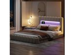 Cdglobal Letto Imbottito 160X200Cm Con Usb, Letto Contenitore Con Led, Letto Giovanile Letto Matrimoniale Con Rete A Doghe, Letto Funzionale, Biancheria, Beige