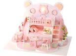 Habarri | Casa In Miniatura - Diy Casa Delle Bambole - Casa In Legno Con Mobili E Illuminazione A Led - Regalo Per Bambini - Orso Rosa