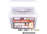 Viti Universali Connex 5,0 X 70 Mm - 160 Pezzi In Un Set - Testa Svasata - Trasmissione Tx - Parzialmente Filettate - Zincato Giallo - Incl. Supporto Magnetico E 2 Punte / Set Di Viti / Secchio Per Viti / B30176
