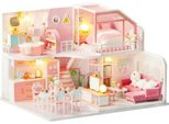 Habarri | Casa In Miniatura - Diy Casa Delle Bambole - Casa In Legno Con Mobili E Illuminazione A Led - Regalo Per Bambini - Nuvola Rosa
