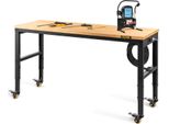 Banco Da Lavoro, Regolabile In Altezza, 122 Cm L X 61 Cm L X 104 Cm H, Tavolo Da Garage Con Altezza Da 79 Cm A 104 Cm, Portata 725,7 Kg, Con Prese Di Corrente E Piano In Legno Duro, Struttura In Metallo E Ruote Piroettanti