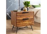 Finebuy Console Da Letto In Legno Massiccio Sheesham Con 2 Cassetti - Comodino Di Design Industriale Con Gambe In Metallo, Comodino Per La Camera Da Letto