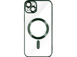 Custodia In Silicone Magsafe Apple Iphone 14 Protezione Fotocamera Cornice Cromata Verde Scuro