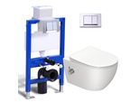 Set Completo Per Wc Con Elemento Doccia A Parete - Cassetta Di Scarico Da 82 Cm + Wc Sospeso Taharet Con Funzione Bidet + Placca Rettangolare Cromata Horow