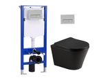 Set Di Elementi Da Incasso Per Wc + Wc Sospeso Senza Bordo Nero Opaco + Cassetta Da Incasso Da 114 Cm Con Piastra Di Spinta Rettangolare Cromata Horow