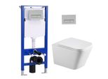 Set Di Elementi Da Incasso Per Wc + Wc Sospeso Senza Bordo Quadrato + Cassetta Da Incasso Da 114 Cm Con Piastra Di Spinta Rettangolare Cromata Horow