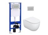 Set Di Elementi Da Incasso Per Wc + Wc Sospeso Senza Bordo + Cassetta Da Incasso Da 114 Cm Con Piastra Di Spinta Rettangolare Cromata Horow