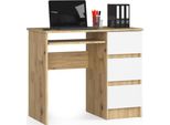 Scrivania A-6 90 Cm Destra Rovere Artisan Bianca Con Ripiano Estraibile E 3 Cassetti